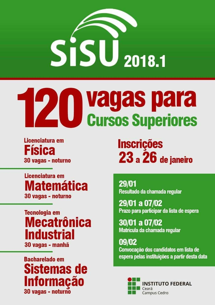 IFCE-Cedro oferta 30 vagas para os cursos Licenciatura em Física, Licenciatura em Matemática, Sistemas de Informação, Mecatrônica Industrial